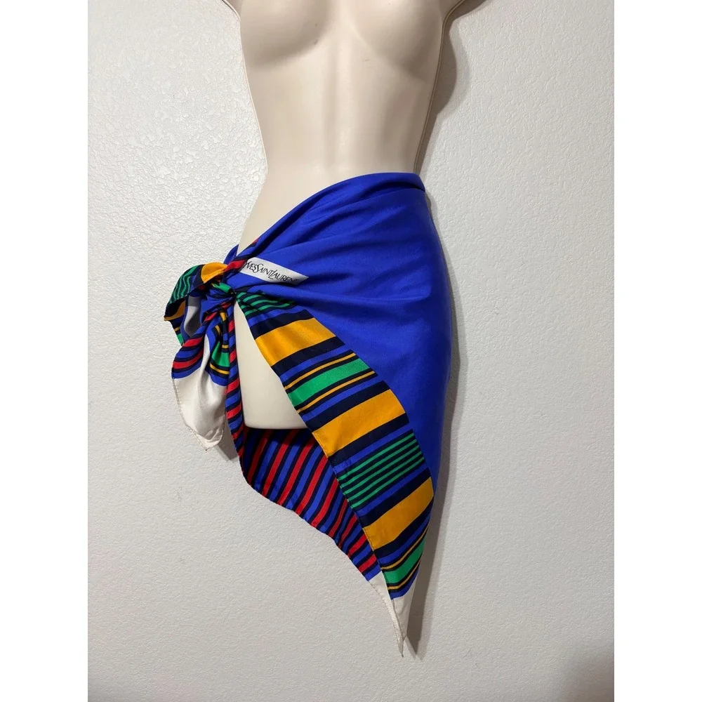 Vintage Yves Saint Laurent Silk Scarf Blue Striped Geometric Square 34in